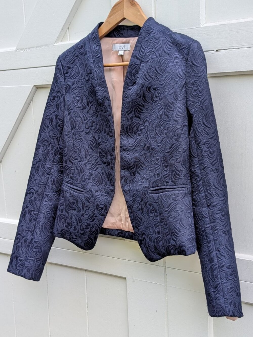 OVI Navy Blue Raised Floral Damask Jacquard Open Front Blazer L